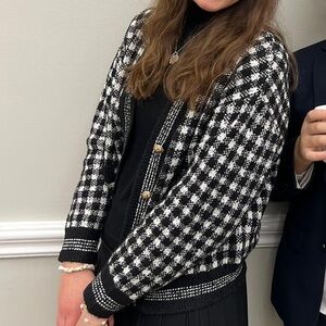 Mango Monochrome Checkered Knit Cardigan